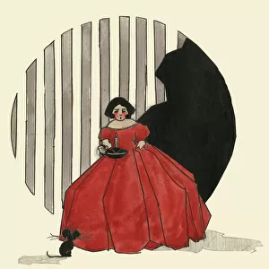 Original Artwork - Woman in red dress surprised by mouse
