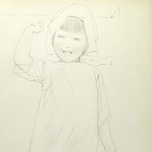 Pencil sketch of little girl paddling