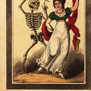 Skeleton of death aiming a dart at a woman dancing