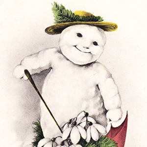 Snowman with umbrella on a Christmas postcard