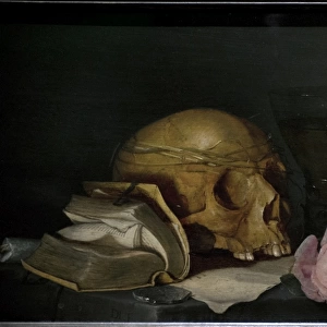 A Vanitas Still Life with a Skull, a Book and Roses, c
