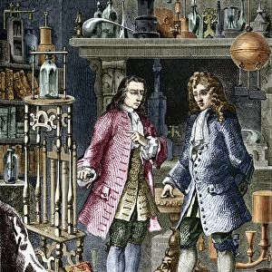 Denis Papin and Robert Boyle, engraving