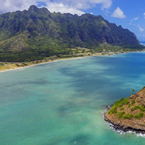 Aerial view by drone of Kaneohe Bay and Mokolii island (Chinamans Hat), Oahu Island