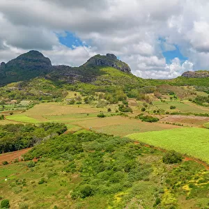 Aerial view of Long Mountain and fields at Long Mountain, Mauritius, Indian Ocean, Africa