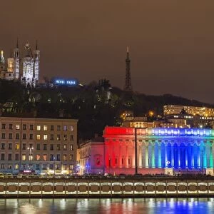 Fete des Lumieres (Festival of Lights) laser show, Basilica Notre-Dame de Fourviere, Saone River, Lyon, Rhone-Alpes, France, Europe
