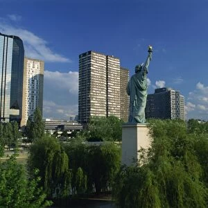 Frances own Statue of Liberty, and city skyline, Port de Javel, Paris
