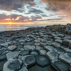 Giants Causeway at sunset, UNESCO World Heritage Site, County Antrim, Ulster, Northern Ireland