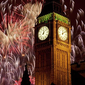 New Year fireworks and Big Ben, Westminster, London, England, United Kingdom, Europe
