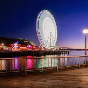 Night shot of Seattle Great Wheel from Waterfront Park in Seattle, Washington State