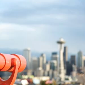 Telescope with view of Seattle skyline in distance, Kerry Park, Seattle, Washington State, United States of America, North America