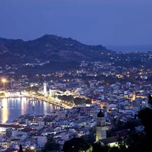 View of town from Strani Hill at dusk, Zakynthos Town, Zakynthos, Ionian Islands