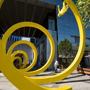 Yellow spiral sculpture in the central business district, Santiago, Chile, South America