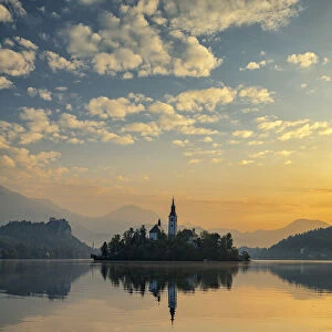 Assumption of Marys Pilgrimage Church at Dawn, Lake Bled, Slovenia
