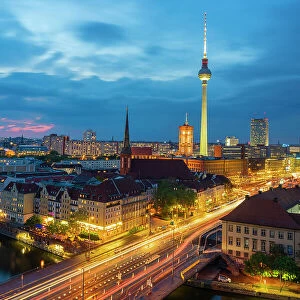 Berlin skyline with TV Tower and Rotes Rathaus at twilight, Berlin, Germany