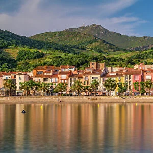 Collioure reflecting in bay, Pyrenees Orientales, Occitanie Region, France