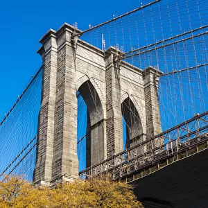 Low angle view of Brooklyn Bridge, Brooklyn, New York, USA