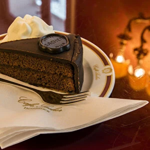The original Sachertorte chocolate cake served at Cafe Sacher, Innsbruck, Tyrol, Austria
