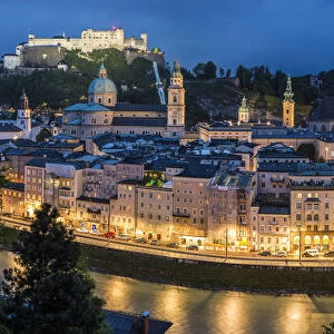 Salzburg skyline & castle at dusk, Austria