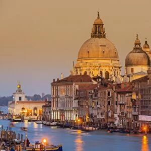 Santa Maria della Salute church and Grand Canal at sunset, Venice, Veneto, Italy