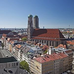 The twin towers of the Munich Frauenkirche and the Marianplatz viewed from the steeple of St