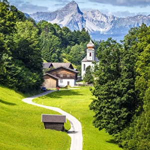 Wamberg village with Mount Zugspitze and Alpspitze on the background, Garmisch