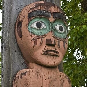 Alaska. Totem at Cheif Shakes Tribal House, historic site, Wrangell, Southeast Alaska