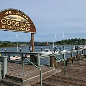 Boardwalk and Harbor in Coos Bay Oregon on Oregon coast