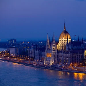 Europe, Hungary, Budapest. Nighttime overview of the Parliament Building and city