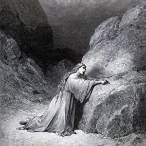 Mary Magdalene repentant, Bible engraving by Gustav Dore, 19th cent