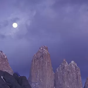 South America, Chile, Torres Del Paine National Park. Full moon over mountains