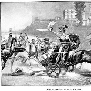 ACHILLES. Achilles dragging the body of Hector. Book illustration, American, c1900