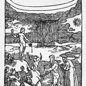 Alchemists and the planetary metals. Engraving by Dominico Beccafumi di Pace (1486-1551)