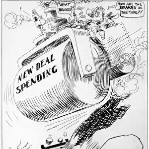 American cartoon depicting President Franklin D. Roosevelt and Secretary of Commerce Harry Hopkins pushing forward outrageous spending on New Deal programs. Drawing, 1936, by Carlisle