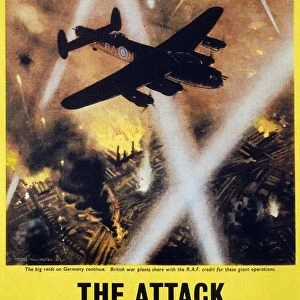 The Attack Begins in the Factory : English poster, c1944, showing the Royal Air Force attack on a German industrial center during World War II