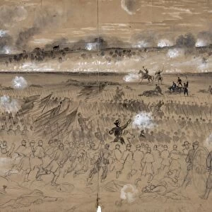 BATTLE OF FREDERICKSBURG. General Andrew Humphreys leading his troops at the Battle of Fredericksburg, Virginia, 13 December 1862. Drawing by Alfred R. Waud, 1862