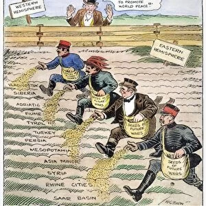 Cartoon by John T. McCutcheon for the Chicago Tribune, April 1920, critical of the members of the League of Nations for failing to uphold their mandate to promote world peace and instead sowing the seeds of war