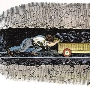 CHILD LABOR, 1842. Three children, working in a mine in the Lancashire, Cheshire district of England, take a wagon loaded with coal up an incline. Wood engraving, English, 1842