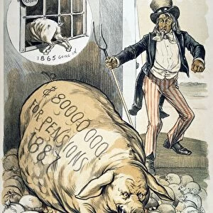 CIVIL WAR PENSIONS, 1888. The Amazing Growth of the Pension Pig. American cartoon by C. Jay Taylor, 1888, on the huge increase in the cost of Civil War pensions
