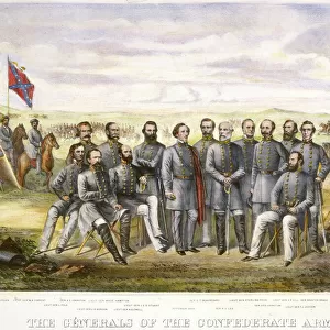 CONFEDERATE GENERALS. The Generals of the Confederate Army. Jefferson Davis, with red cloak, is at center left; Robert E. Lee, standing with saber, is at center right. Contemporary American lithograph