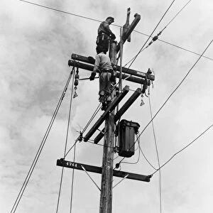 ELECTRIFICATION, 1938. Workmen installing electricity on the top of utility poles