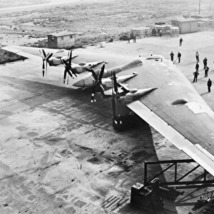 Experimental Northrop Flying Wing XB-35 undergoing outdoor engine and propellor testing, c1945