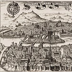 FRANCE: PARIS, 1608. View of Paris with the Left Bank in the foreground, Notre Dame Cathedral on ┼¢le de la Cit and the Right Bank in the background. Title page engraving for Jean Passerats Commentaire published in 1608