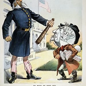 FREE SILVER CARTOON, 1896. He Must Be Kept Out (of the White House). An anti-Free Silver cartoon by Joseph Keppler, Jr. 1896
