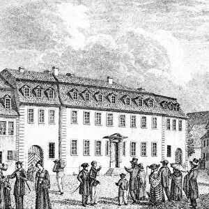 GERMANY: GOETHE HOUSE. The house on the Frauenplan in Weimar, Germany, presented to Johann Wolfgang von Goethe in 1792 by Karl August, hereditary prince of Weimar. Line engraving after a drawing, 1827