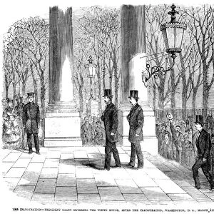 GRANTs INAUGURATION, 1869. Ulysses S. Grant entering the White House after his inauguration as 18th President of the United States on 4 March 1869. Wood engraving from a contemporary newspaper