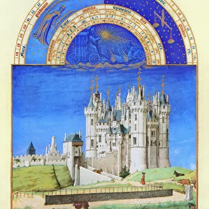 The grape harvest at the Chateau de Saumur (Loire Valley, France) in September. Illumination from the 15th century manuscript of the Tres Riches Heures of Jean, Duke of Berry