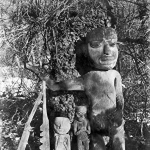 The grave of Shah, a Tlingit shaman, marked with carved wood totems, Chilkat, Alaska. Photographed by Winter and Pond, c1895