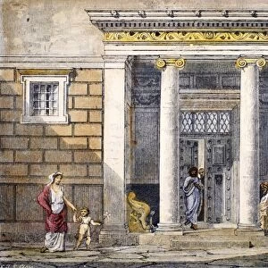 GREECE: ENTRANCE OF HOUSE. Entrance of a house in ancient Greece. Wood engraving, 19th century