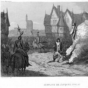 JACQUES DE MOLAY (1243-1314). French knight. Molay being burned at the stake by order of Phillip IV of France: steel engraving, 19th century