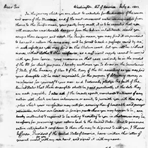 Letter of general credit presented by President Thomas Jefferson to Captain Meriwether Lewis, 4 July 1803, assuring him and anyone to whom he presented it of U. S. government backing for any expenses incurred in the course of the Lewis & Clark expedition